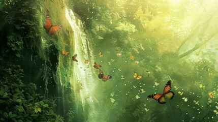 Wall Mural - Enchanted Forest Waterfall with Butterflies - Nature Photography