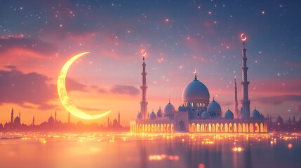 Fototapete - Eid Mubarak card a 3D crescent moon and stars a majestic mosque in the background minimalist composition with space for text on a soft gradient background