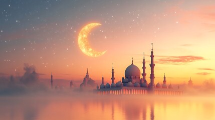 Poster - Eid Mubarak card a 3D crescent moon and stars a majestic mosque in the background minimalist composition with space for text on a soft gradient background