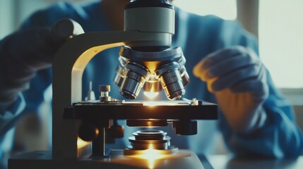 Poster - Close-up of a Microscope with a Person in the Background