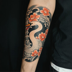 Japanese traditional tattoo full outer arm swan with wings spread and wind going through and around it