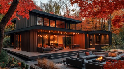 Poster - A contemporary house nestled in a forest showcases beautiful autumn colors. Warm lights illuminate the outdoor area while a cozy fire pit invites relaxation amidst the vibrant foliage.