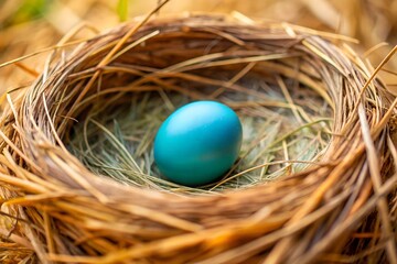 A tight shot of a blue bird's egg in its grassy nest, surrounded by dry grass and brown straws