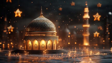 Fototapete - Eid Mubarak design 3D Arabic calligraphy a mosque dome and floating stars with ample space for text on a modern minimalist background