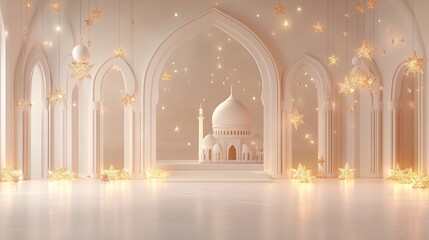 Fototapete - Eid Mubarak design 3D Arabic calligraphy a mosque dome and floating stars with ample space for text on a modern minimalist background