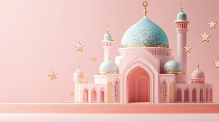 Fototapete - Eid Mubarak design 3D Arabic calligraphy a mosque dome and floating stars with ample space for text on a modern minimalist background