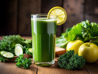 A refreshing glass of green juice featuring lemon and kale, showcasing vibrant colors and healthy ingredients.