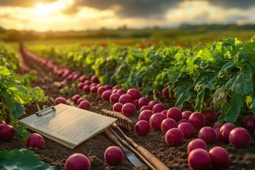 A clipboard, gardening tools, and a row of fresh red radishes lay on the ground in a field at sunset.