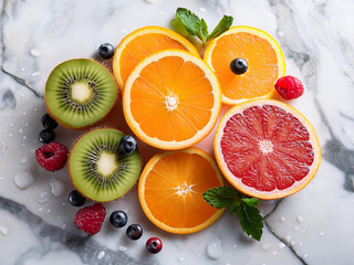 A variety of fresh fruit displayed on a polished marble countertop, highlighting their natural beauty and colors.