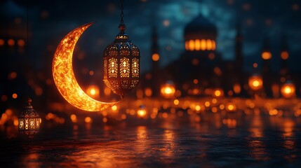 Fototapete - Eid Mubarak design a 3D glowing crescent moon traditional lanterns and a mosque silhouette providing ample space for text on a modern minimalist background