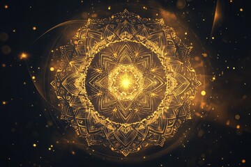 Wall Mural - Intricate golden mandala design radiating light, set against a dark background, perfect for spiritual and artistic themes.