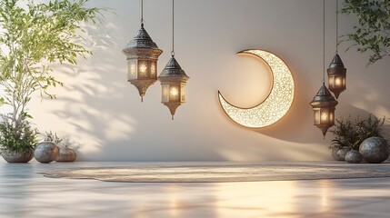 Poster - Eid Mubarak design a 3D prayer beads crescent moon and hanging lanterns offering space for text on a clean and simple background