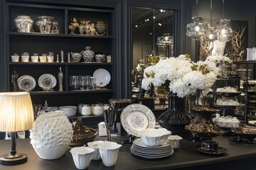 Elegant display of premium home goods in a tastefully designed retail space, highlighting sophistication. 