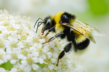 Close-up of  a bumblebee collecting pollen on white flowers, highlighting its delicate wings and vibrant yellow and black colors, ideal for nature and insect photography enthusiasts