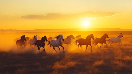 Naklejka na meble Wild Horses Galloping Through a Golden Field at Sunset