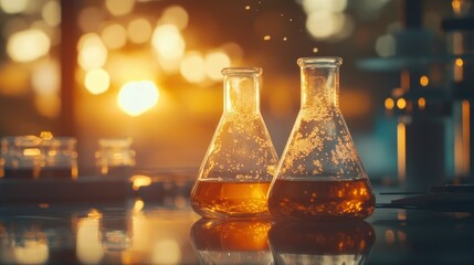 Poster - Two Glass Flasks Filled with Golden Liquid at Sunset