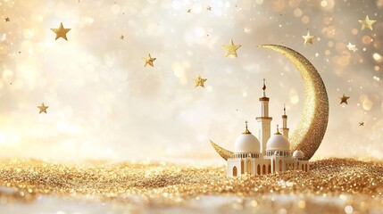 Poster - Eid Mubarak greeting card a 3D crescent moon mosque silhouette and floating stars featuring an elegant text space on a white and gold background
