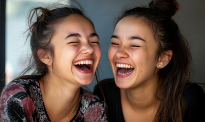 Two laughing women with long brown hair.