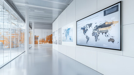 A white exhibition hall, with a display wall featuring an interactive touch screen and digital graphics displaying global data on a world map. Glass walls show images of industrial equipment.