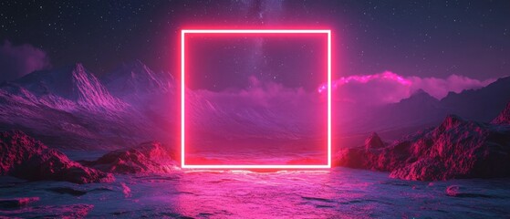 Poster - A glowing neon square illuminates a surreal landscape at night under a starry sky with distant mountains and clouds