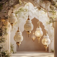 Fototapete - Elegant Arabian scene intricate white and gold lanterns suspended in the air The rich background provides a stunning contrast leaving space on the right side for custom Ramadan text