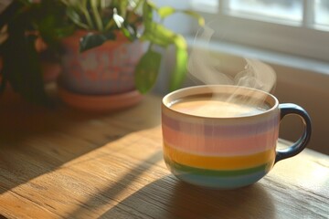 A colorful hot cup of coffee on a wooden table, with steam rising in the morning light. 