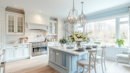 Poster - A bright and airy kitchen filled with natural light, featuring soft pastel decor and fresh flowers, creating a cheerful atmosphere for morning gatherings.
