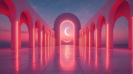 Poster - Elegant Eid Mubarak design 3D Islamic archway glowing stars and a crescent moon with ample room for personalized text on a minimalist background