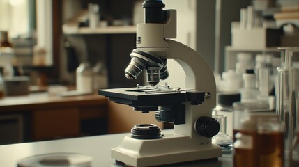 Poster - A White Microscope On A Laboratory Table