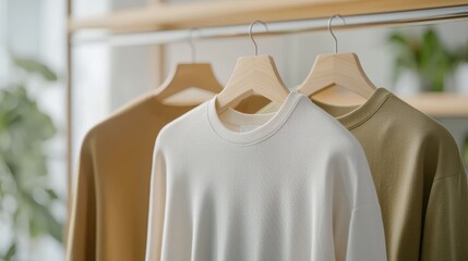 Three stylish t-shirts on hangers in a modern, bright interior space.