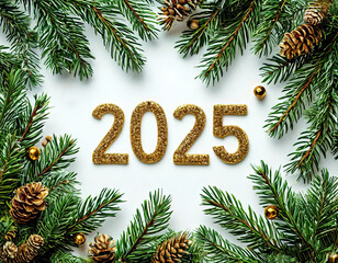 New Year background and text 2025 in gold letters. fir branches and Christmas decorations.