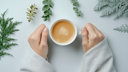 Person holding a cozy cup of coffee with greenery on a white background.