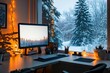 © Snowstudio - Modern home office setup with minimalist desk, computer monitor displaying, in window showing winter landscape