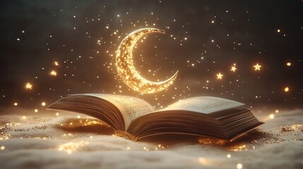 Poster - Elegant Ramadan Kareem design featuring 3D Quran glowing crescent moon and floating stars with space for text on a clean white background
