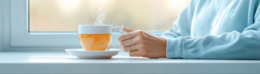 Warm tea cup held by a person by the window during a cozy moment.