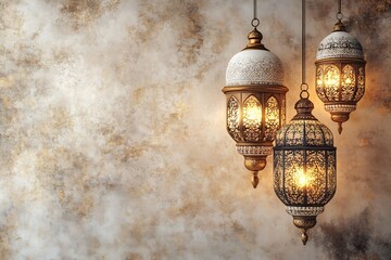Poster - Elegant white gold lanterns hanging on an exquisite Arabianthemed background creating a serene ambiance Ample space on the right side allows for personalized Ramadan greetings