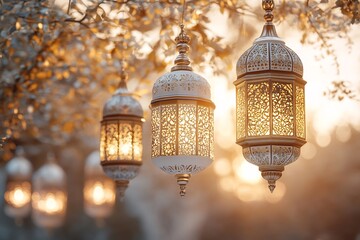 Poster - Elegant white gold lanterns hanging on an exquisite Arabianthemed background creating a serene ambiance Ample space on the right side allows for personalized Ramadan greetings