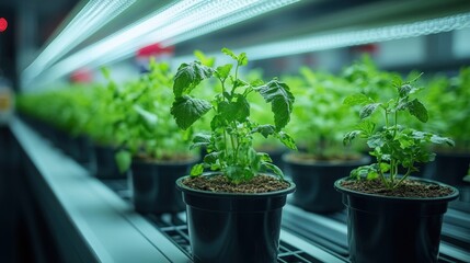 Rows of green seedlings growing under artificial light in a greenhouse.