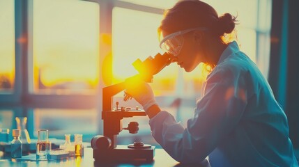 Poster - A Female Scientist Examines a Sample Through a Microscope