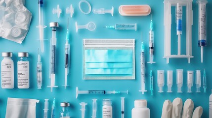 Poster - An organized workspace displaying disease prevention materials such as vaccines, protective equipment, and informational charts, set against a blue laboratory backdrop.