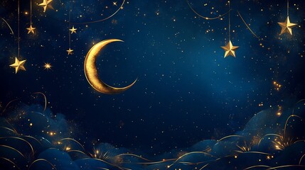 Poster - Festive Eid Mubarak frame a clean minimalistic background with gold geometric lines crescent moon and star accents in the corners perfect for a modern and elegant celebration template