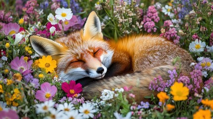 Canvas Print - A peaceful fox sleeping among vibrant wildflowers in a serene natural setting.