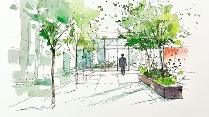 Wall Mural - Urban sketch of green space with trees and walkway, symbolizing sustainable city planning.