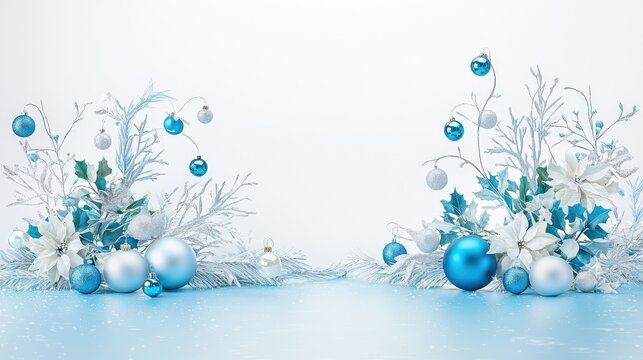 A sophisticated holiday scene in blue and silver tones, with soft sculptures in abstract forms, creating a peaceful Christmas ambiance.