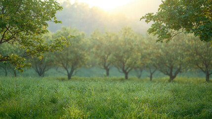 Serene landscape with trees and green grass under soft morning light.