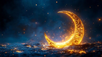 Poster - Golden crescent moon swirling designs glowing softly on a deep blue backdrop surrounded by stars and subtle patterns for an elegant and serene Eid alFitr card