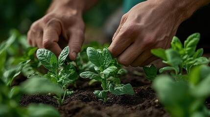 Hands gently caressing young green plants in the garden.