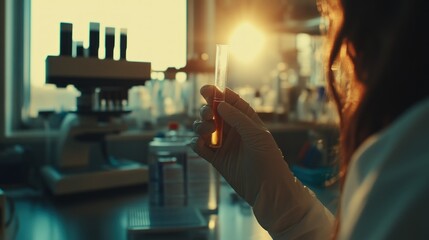 Poster - Scientist Holding a Test Tube with Liquid in a Lab