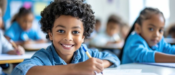 Poster - A young student smiles as they write in their notebook. AI.