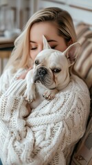 Poster - A woman cuddles a small white dog. AI.